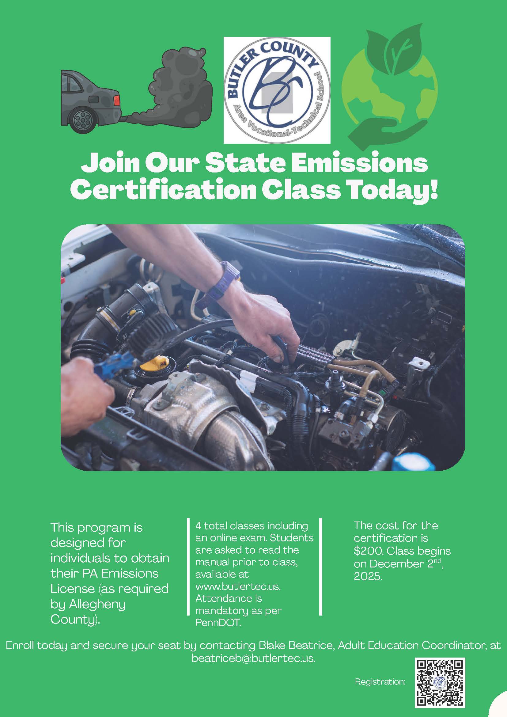 The image shows a car engine with a person's hand working on it, along with a green background featuring the Butler County logo and information about a state emissions certification class.