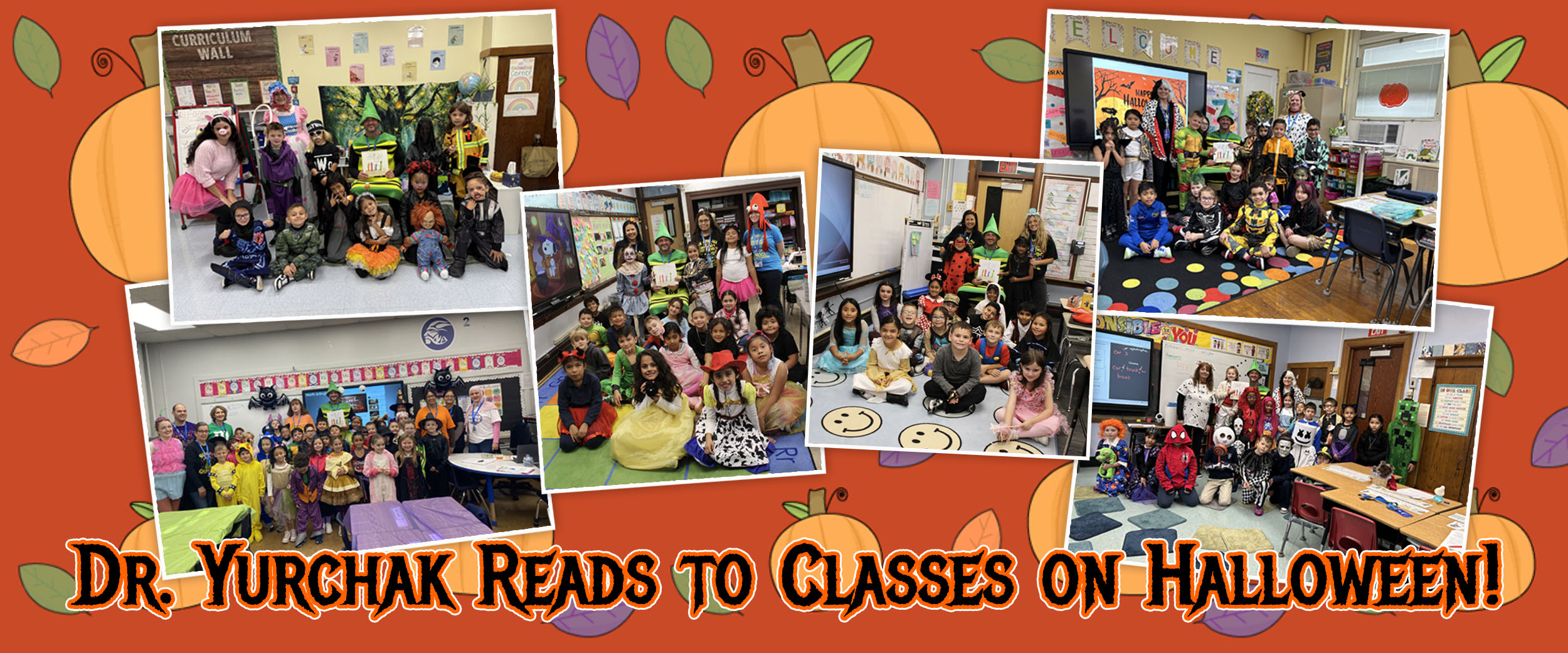 Children in Halloween costumes are gathered in classrooms with Dr. Yurchak, set against a background of pumpkins and autumn leaves.
