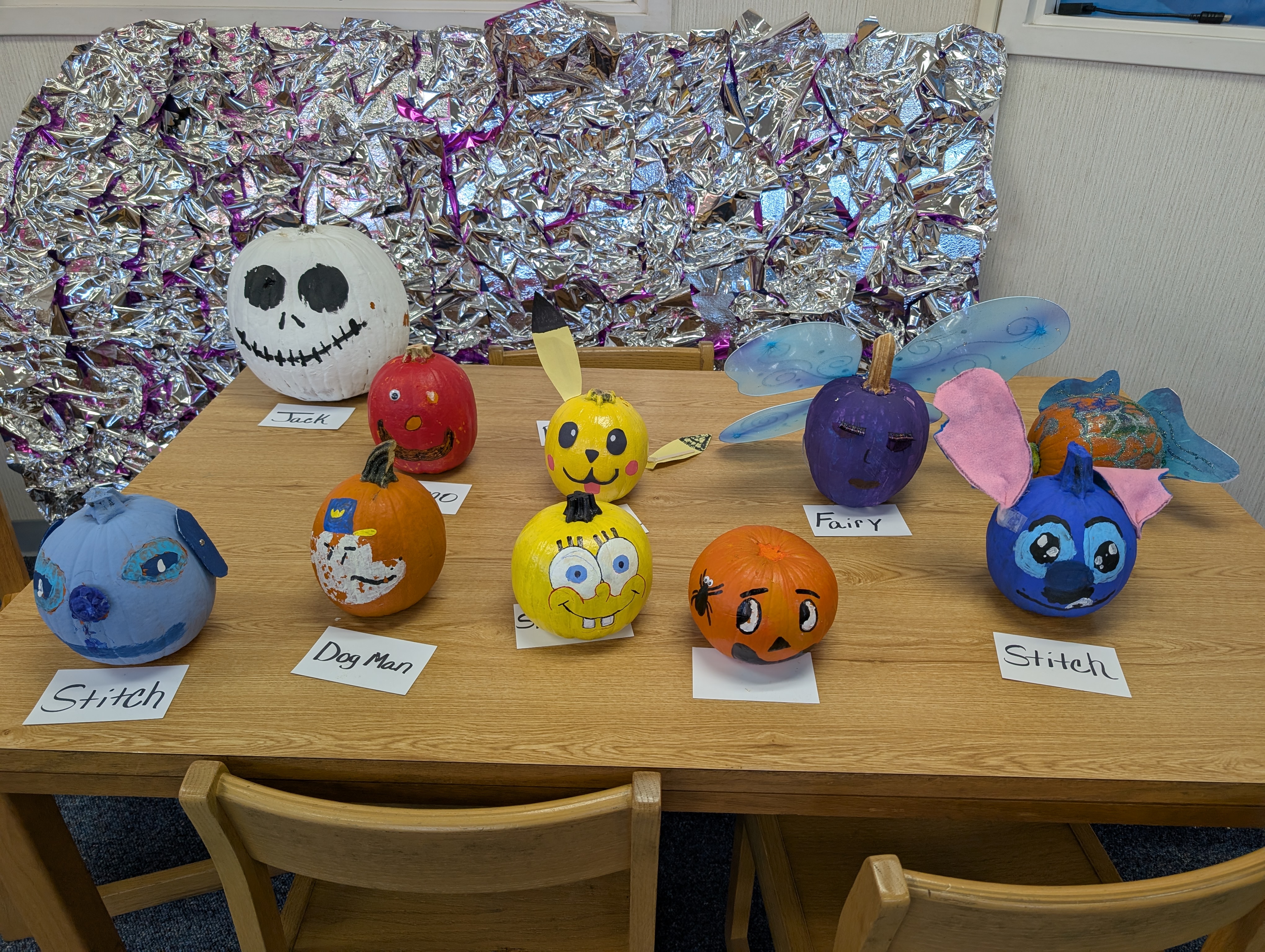 Book character pumpkins painted by West Rusk elementary students