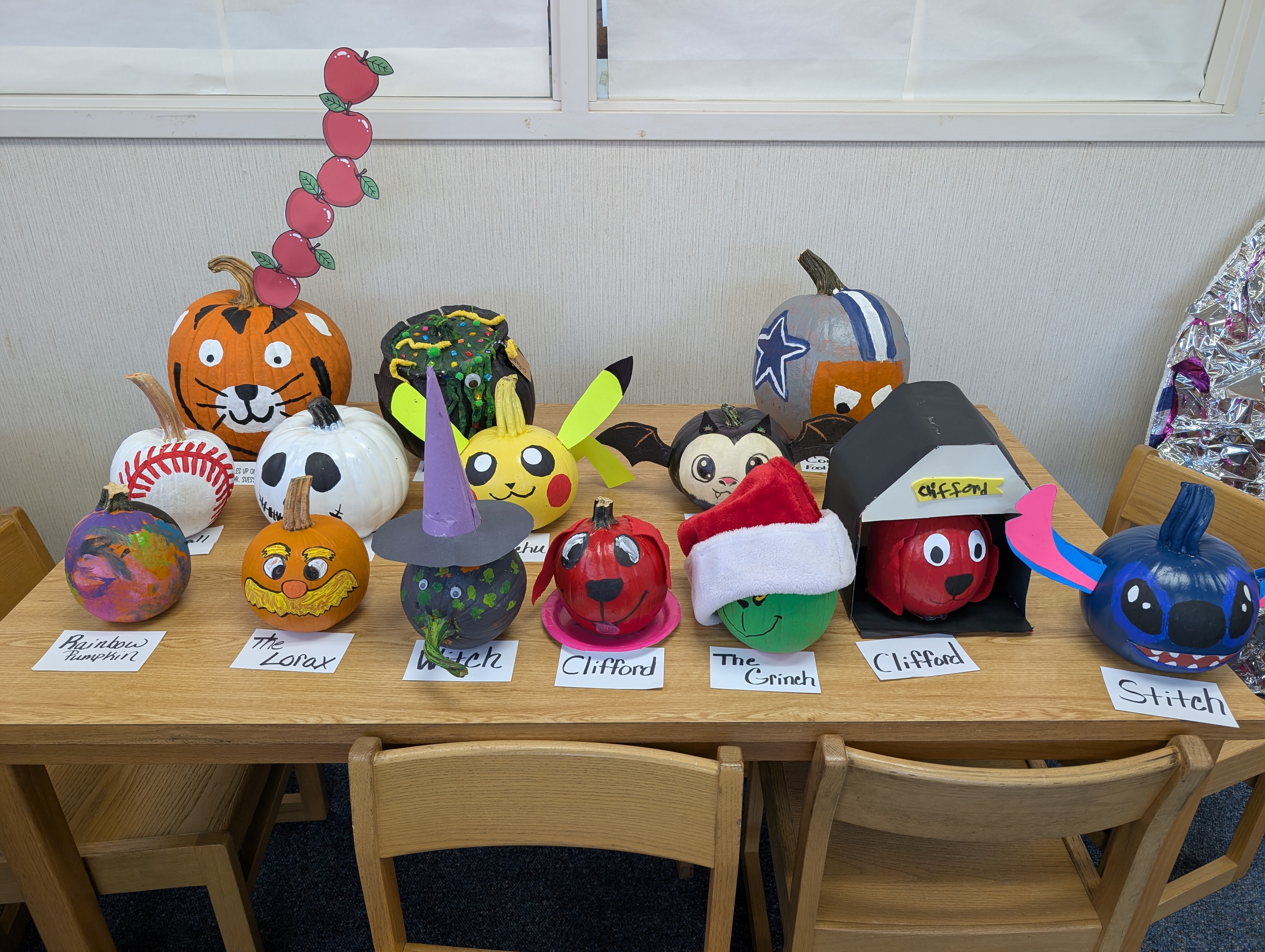Book character pumpkins painted by West Rusk elementary students