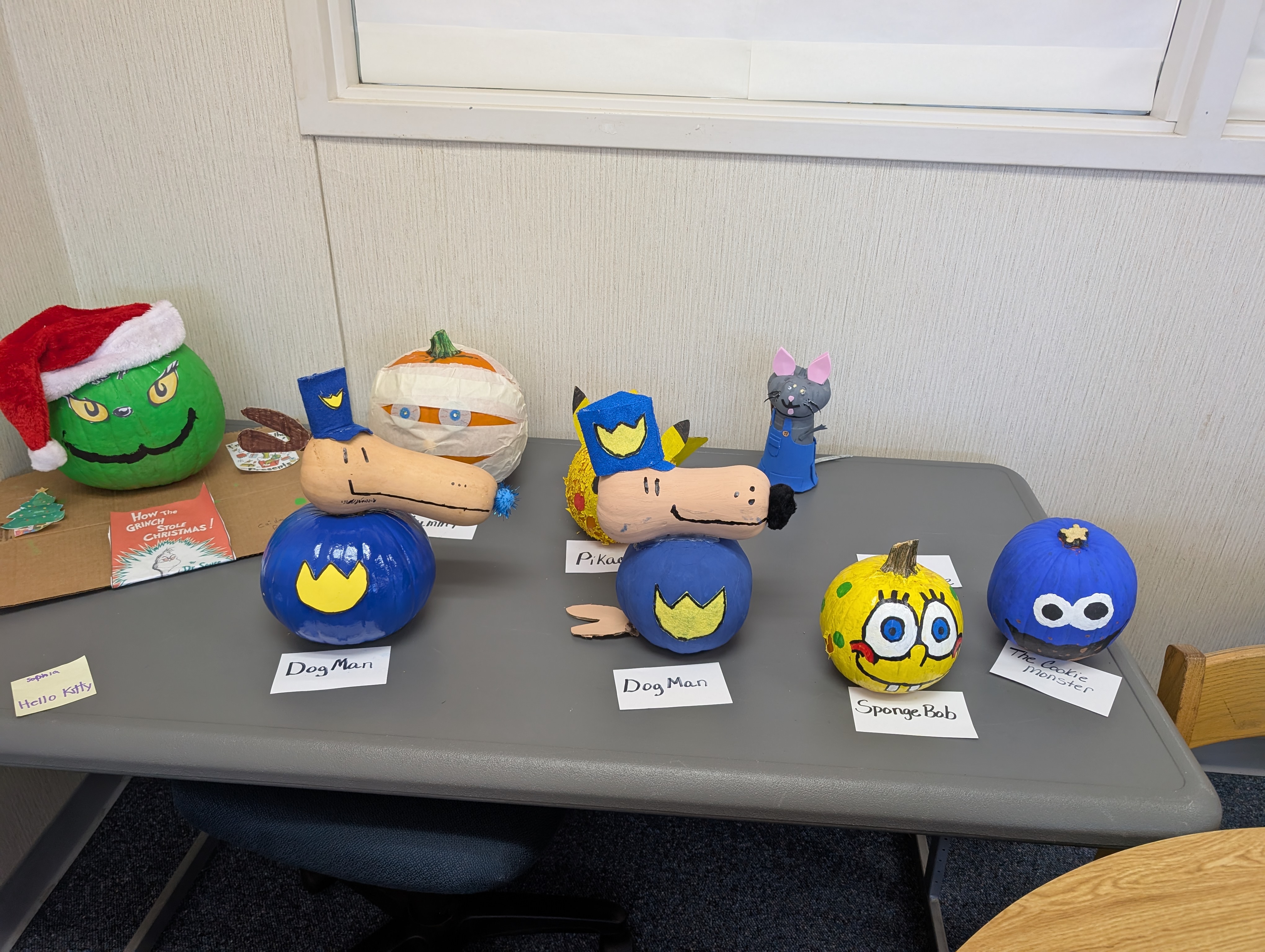 Book character pumpkins painted by West Rusk elementary students