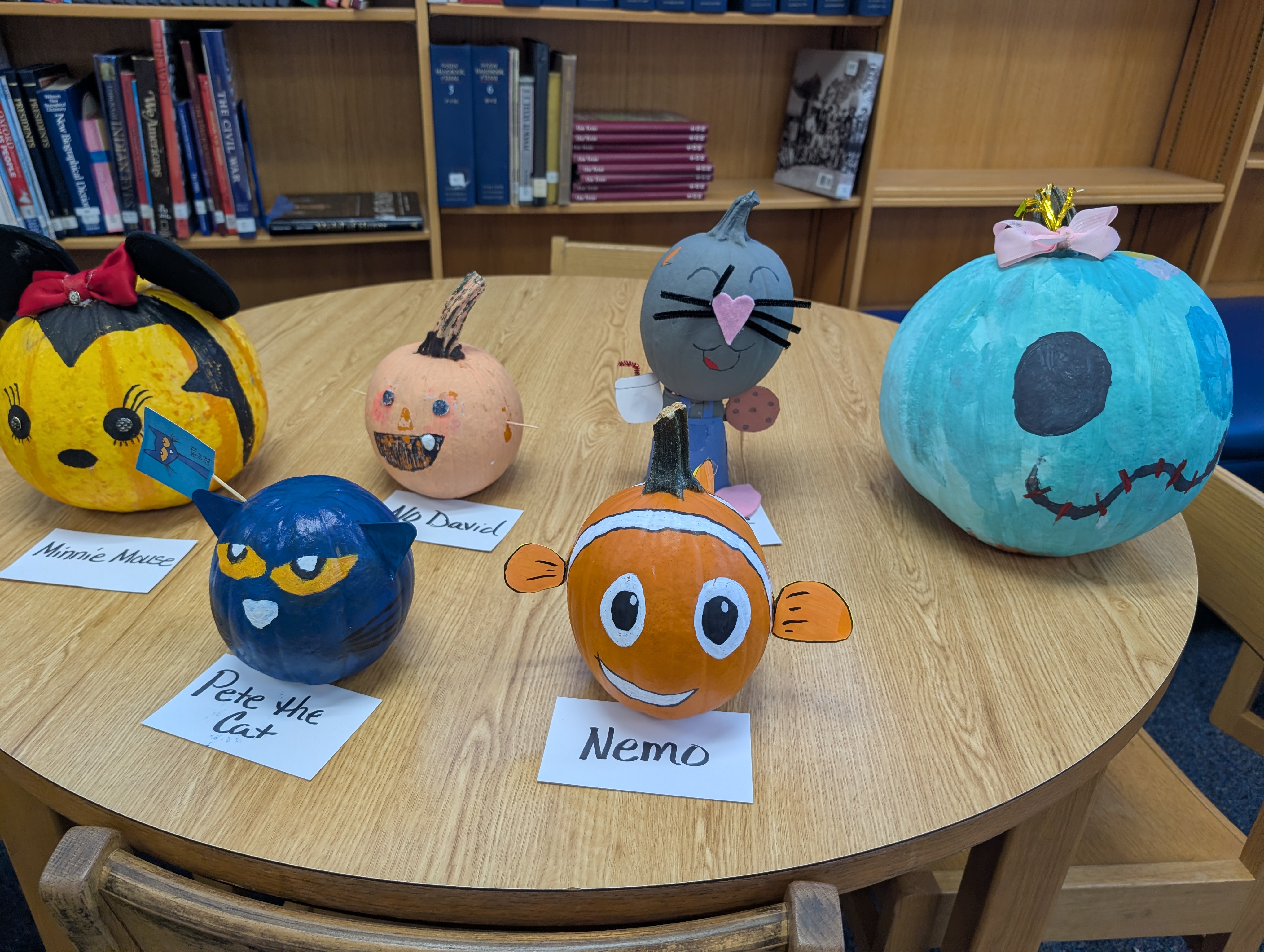 Book character pumpkins painted by West Rusk elementary students
