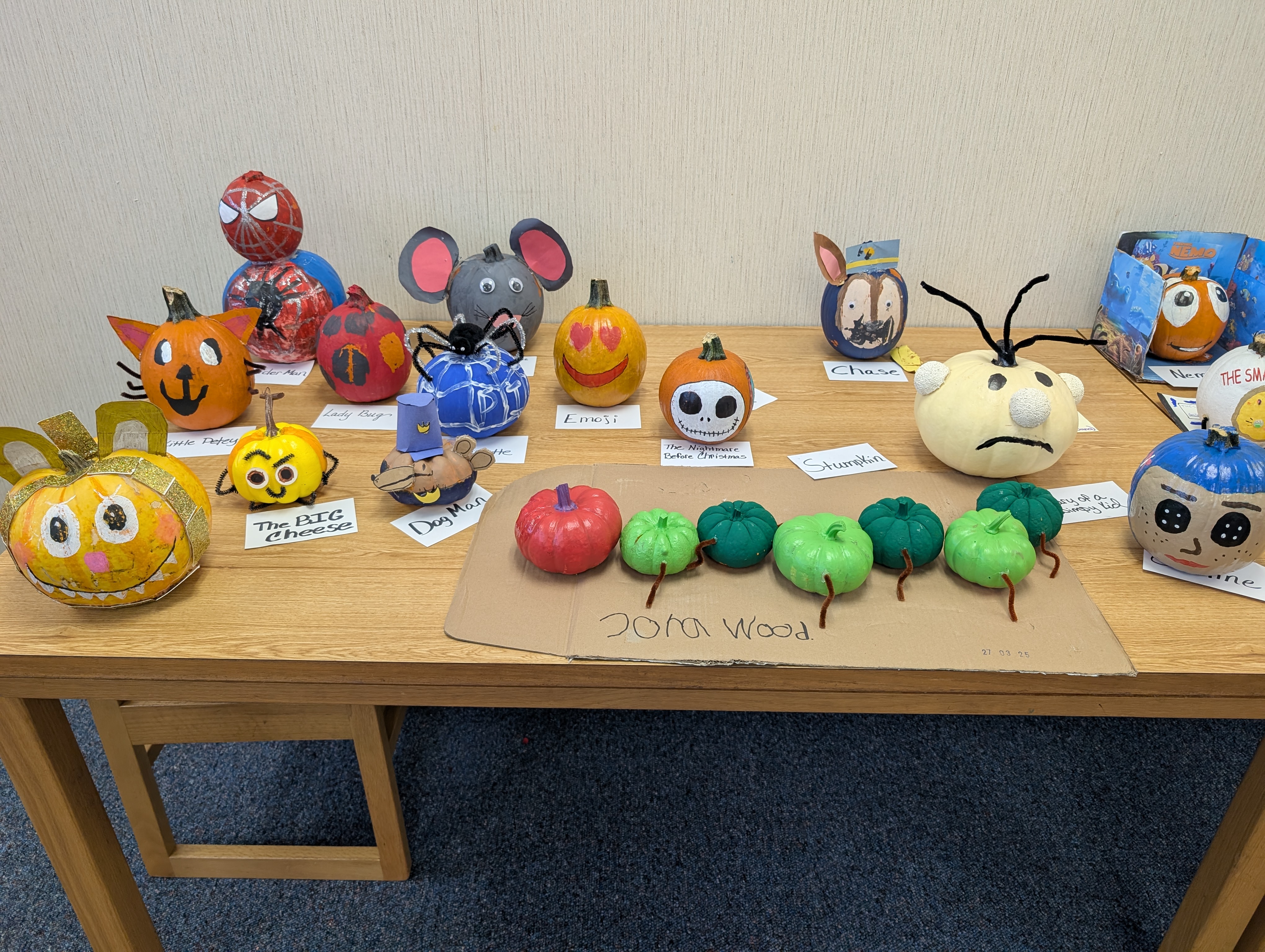 Book character pumpkins painted by West Rusk elementary students