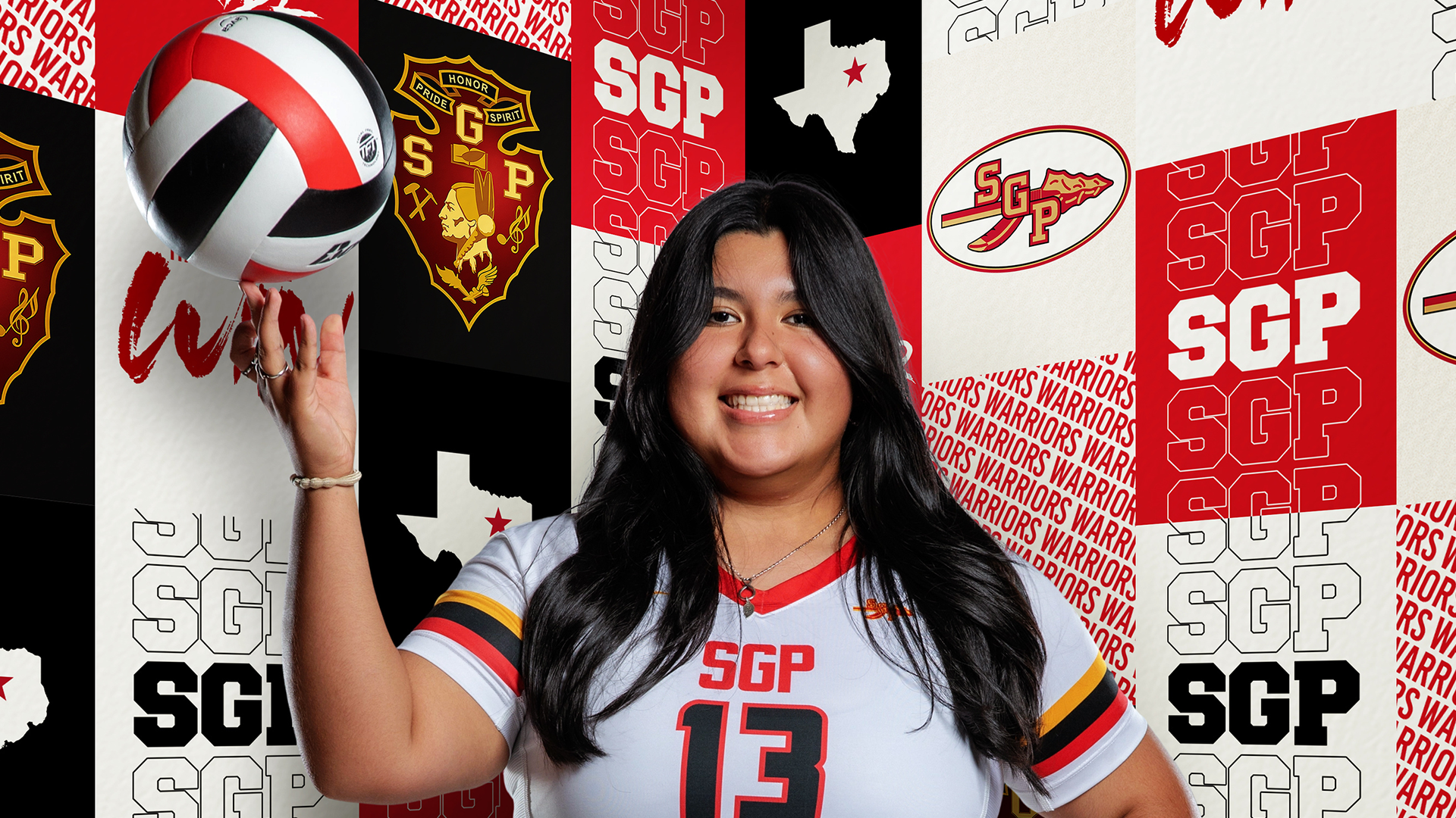 The image shows a young woman wearing a sports jersey with the number 13 and the letters "SGP" on it, standing in front of a background with various SGP logos and designs.