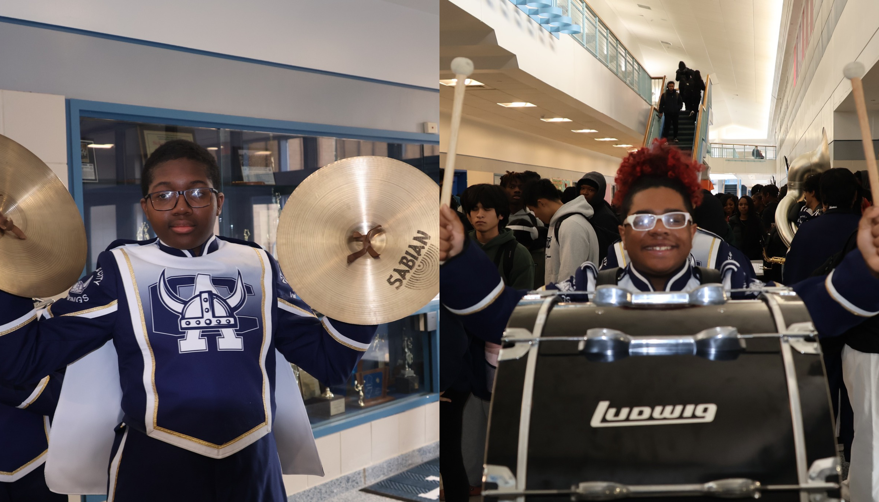 The image shows a group of people, some wearing marching band uniforms, holding various musical instruments such as drums and cymbals, in what appears to be a school hallway.