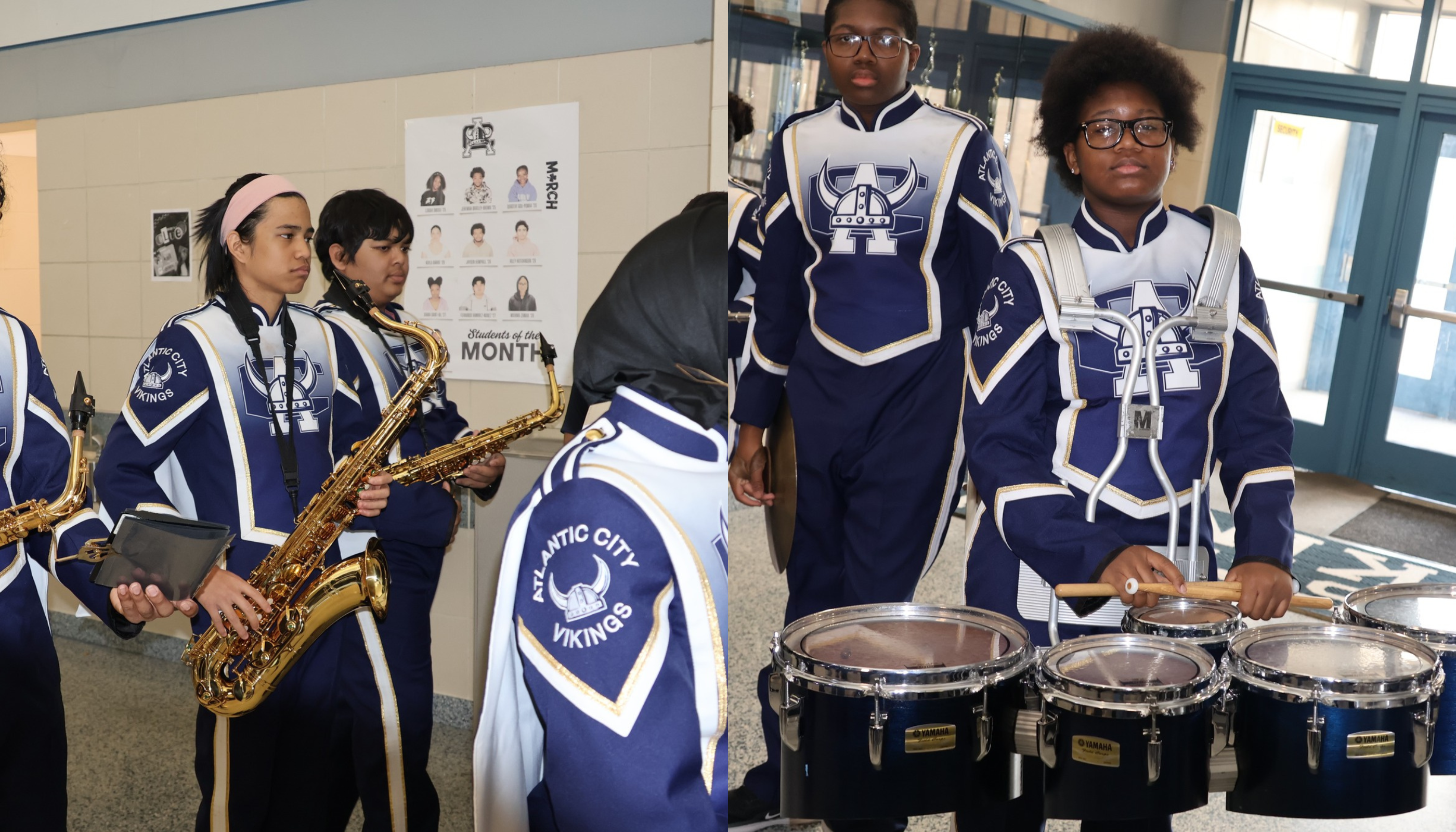 The image shows a group of students wearing matching uniforms, including a saxophone player and drummers, standing in what appears to be a school hallway.