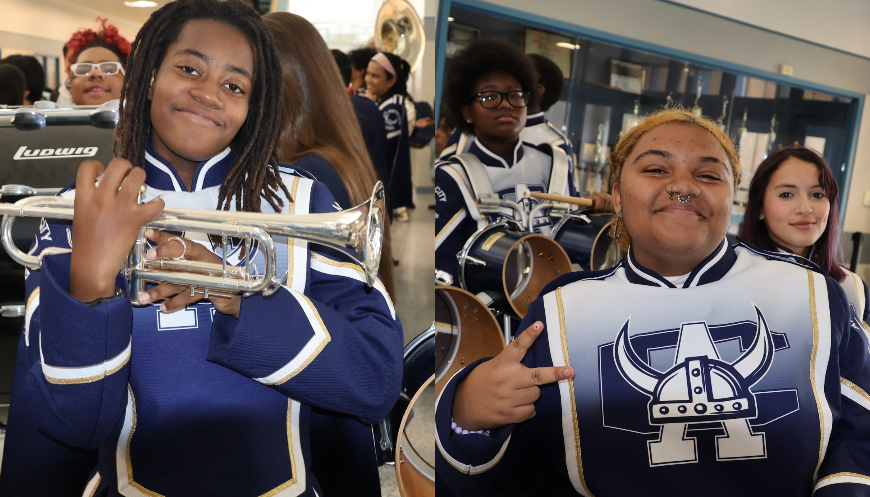 A group of young people wearing matching uniforms, some holding musical instruments, appear to be part of a school or community band or orchestra.