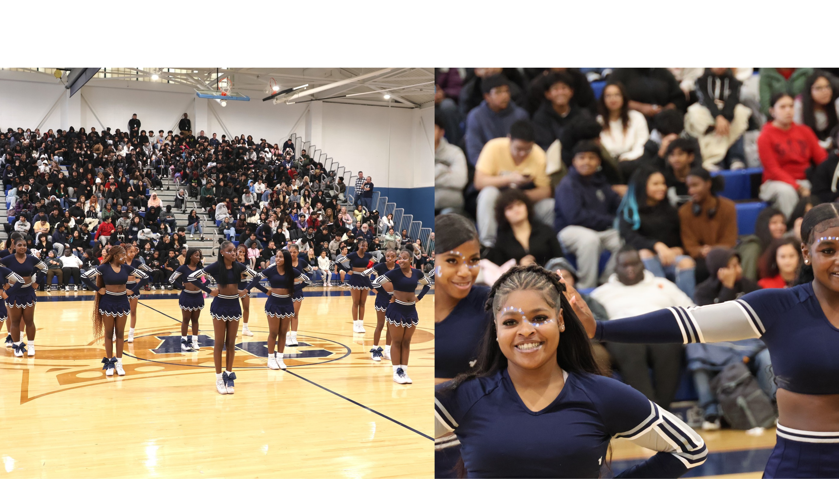 A crowded indoor basketball court with a cheerleader in the foreground and a large audience in the background.