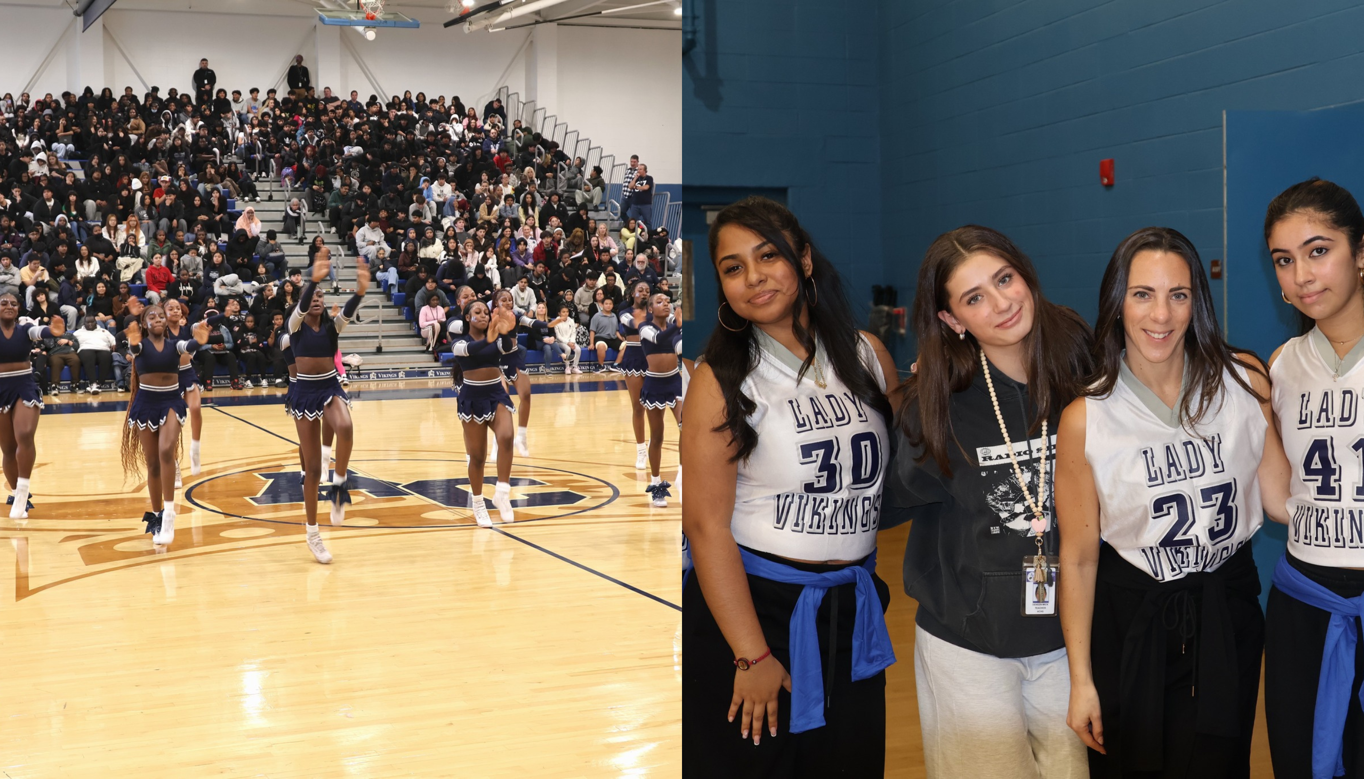 The image shows a crowded basketball court with a group of young women in the foreground wearing matching jerseys, and a large audience in the background filling the bleachers.