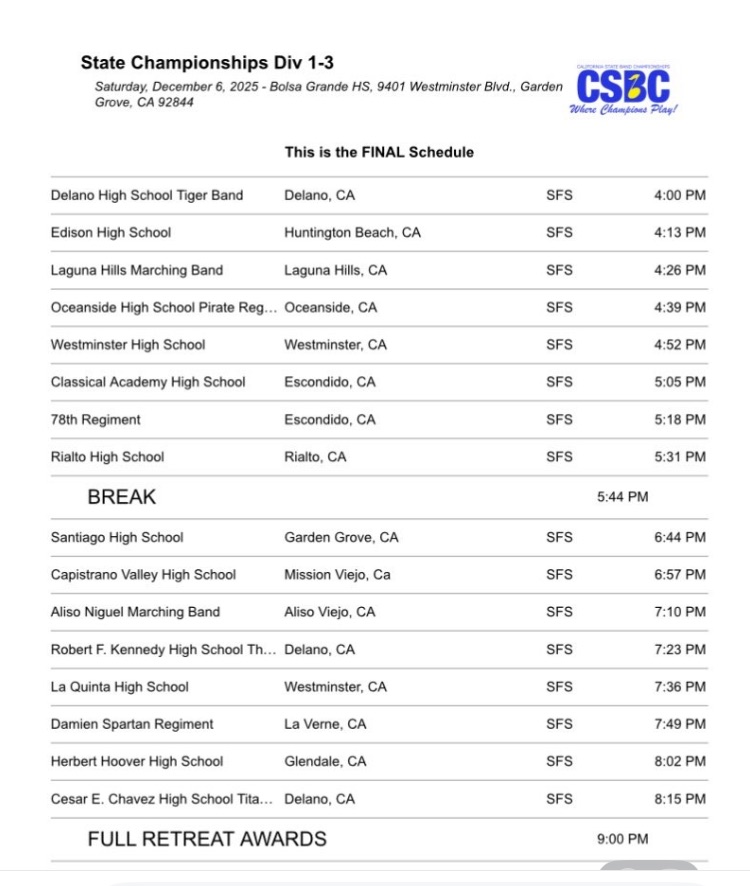 This is a schedule for a State Championships Div 1-3 event, listing the performance times for various high school marching bands.
