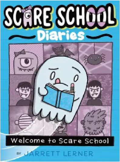 The image depicts the cover of a book titled "Scare School Diaries" featuring various cartoon-style monster characters against a blue and purple background.