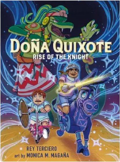 The image depicts a colorful and fantastical scene featuring the character Dona Quixote, a knight-like figure, surrounded by various whimsical elements such as a large dragon-like creature, a boy, and a swirling cosmic background.