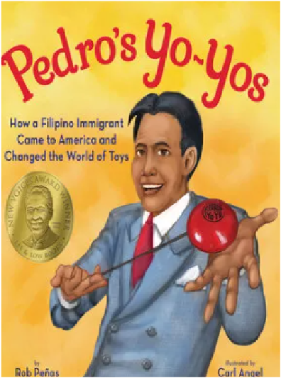 The image depicts a smiling man in a suit holding two red yo-yos against a bright yellow background, with the title "Pedro's Yo-Yos" prominently displayed.