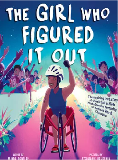 The image depicts a young woman in a wheelchair raising her arms triumphantly, surrounded by a vibrant, colorful background with silhouettes of people cheering.
