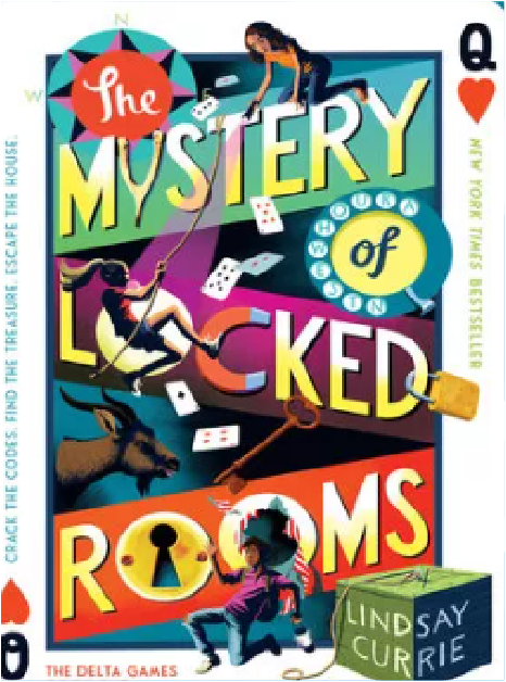 The image depicts a colorful and vibrant book cover featuring various elements associated with mystery and intrigue, including playing cards, dice, and a keyhole-shaped design.
