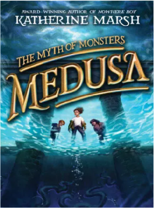 The book cover features the title "The Myth of Monsters: Medusa" against a dark, underwater scene with silhouetted figures swimming in the foreground.