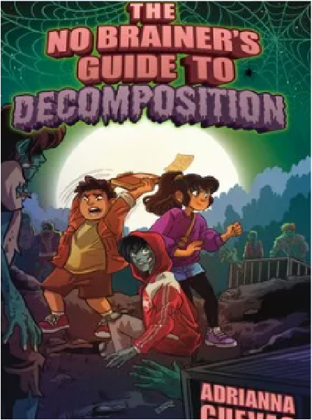The image depicts a group of four cartoon characters, two boys and two girls, sitting on a bench in a nighttime setting with a large moon in the background. The title "The No Brainer's Guide to Decomposition" is prominently displayed above the characters.