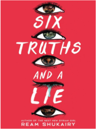 Six truths and a lie, a book cover featuring multiple eyes against a red background.
