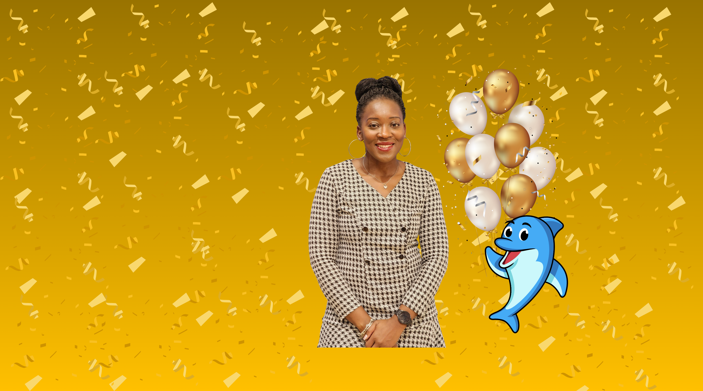 A smiling woman in a checkered dress stands in front of a yellow background with falling confetti, accompanied by a blue cartoon fish character.