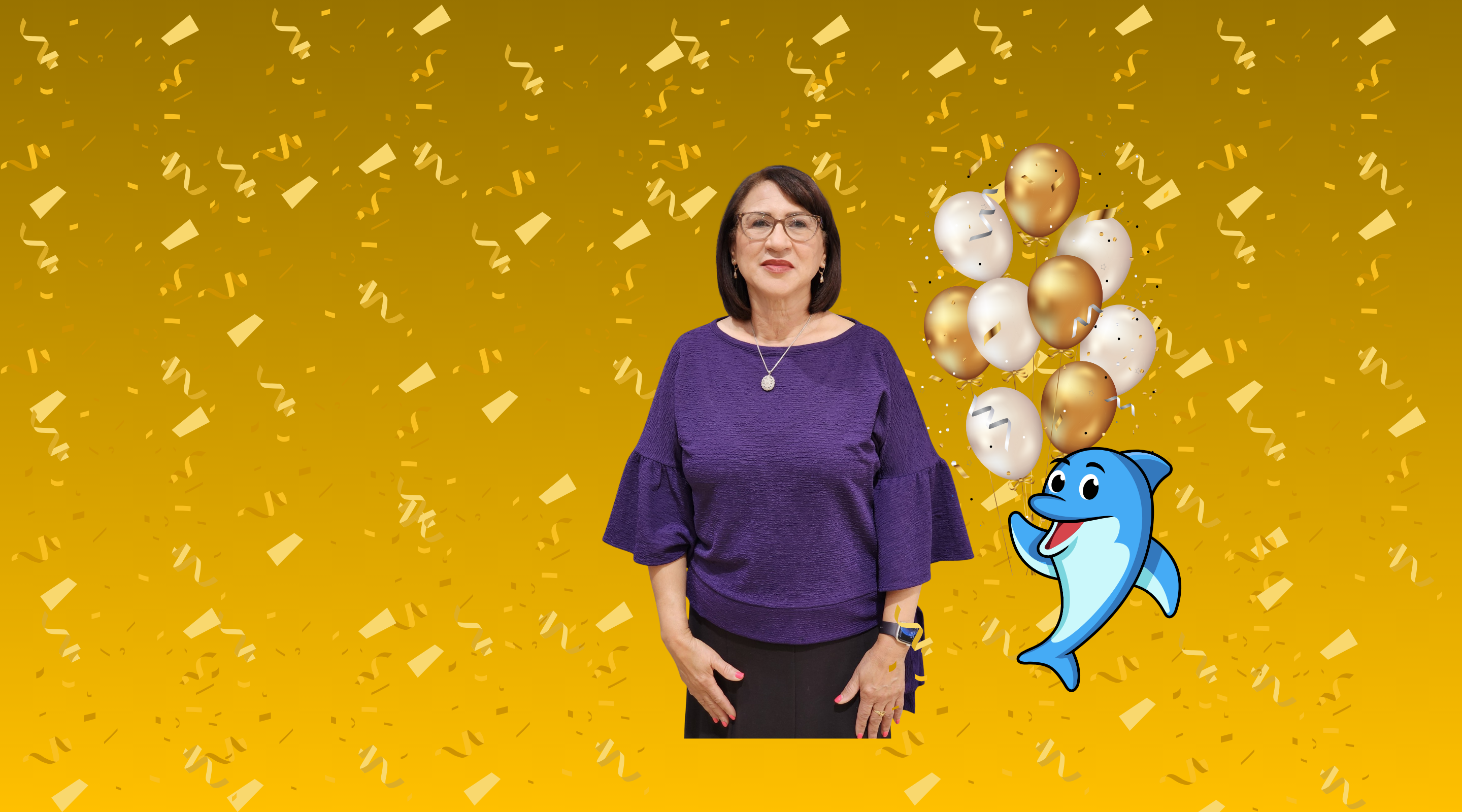 A woman in a purple dress stands in front of a yellow background with falling confetti-like shapes, and a blue cartoon fish character is visible in the foreground.