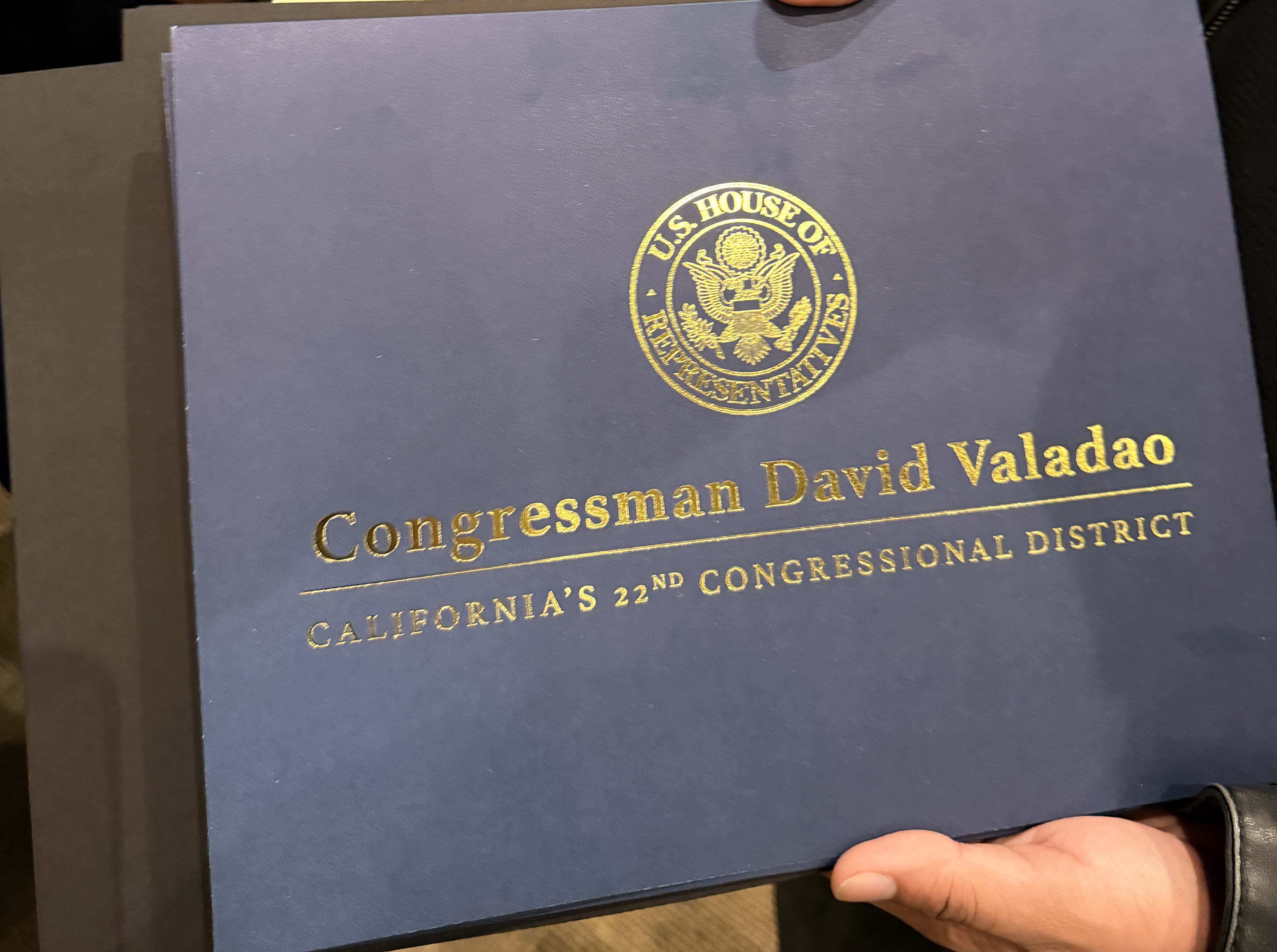 The image shows a certificate or award presented to Congressman David Valadao, representing California's 22nd Congressional District, by the U.S. House of Representatives.