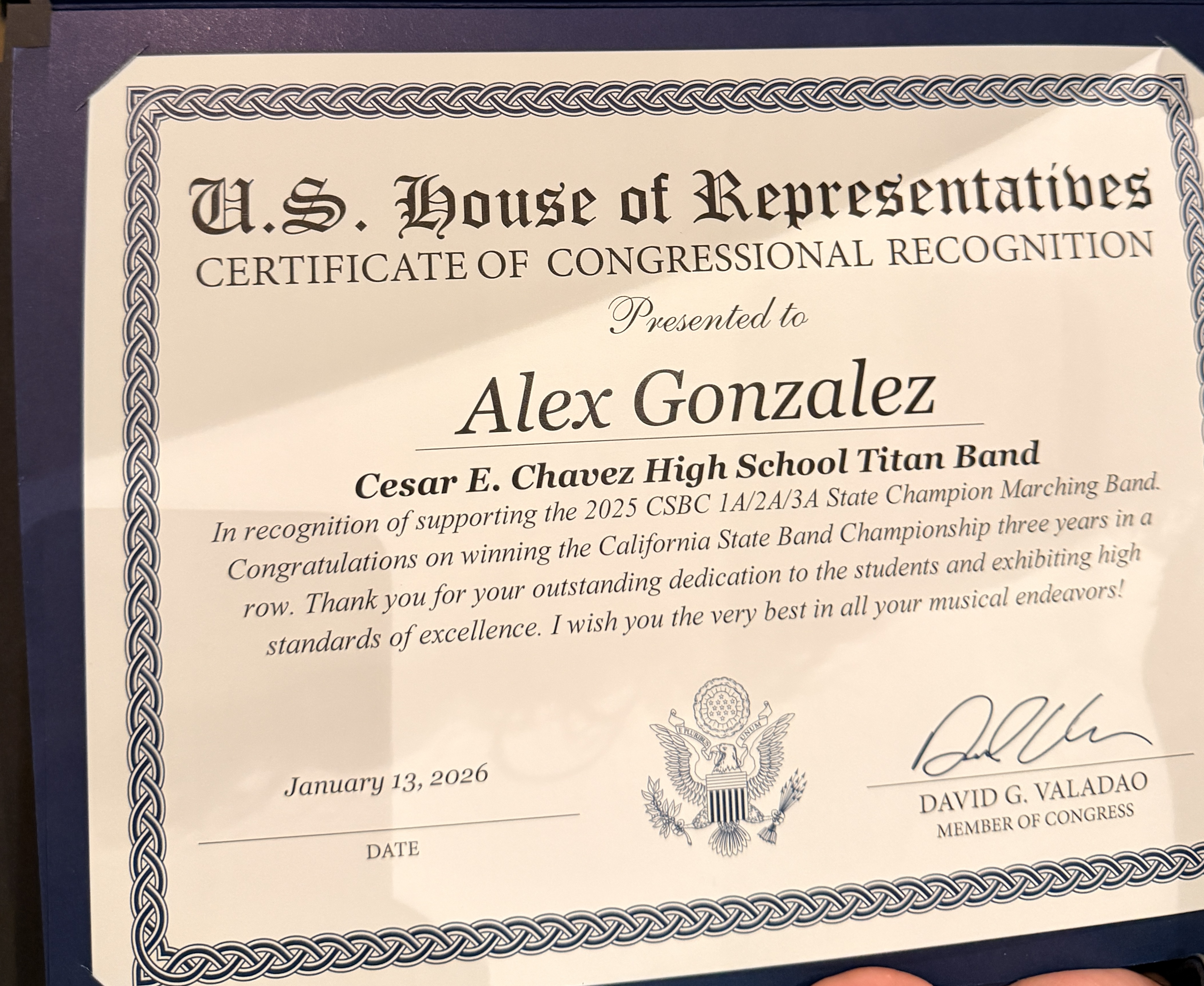 The image is a Certificate of Congressional Recognition presented to Alex Gonzalez, the Cesar E. Chavez High School Titan Band, in recognition of their support and achievement as the 2025 CSBC 1A-2A State Champion Marching Band.