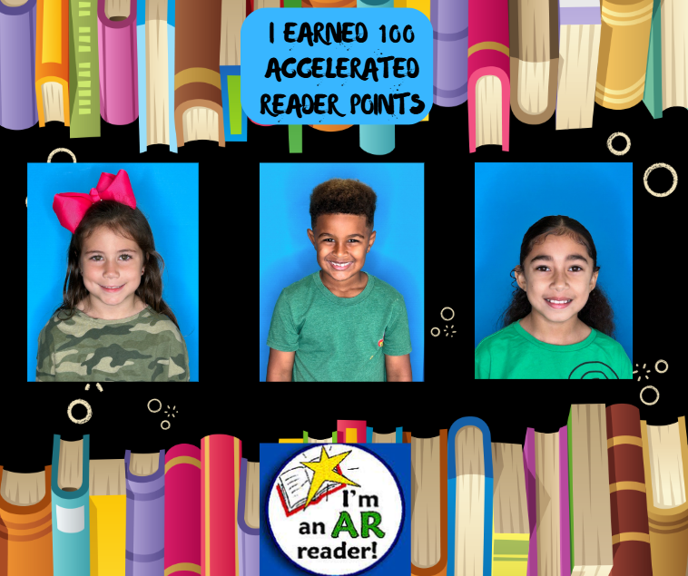 Three smiling children are featured in the foreground against a background of colorful books and a banner celebrating 100 Accelerated Reader points.