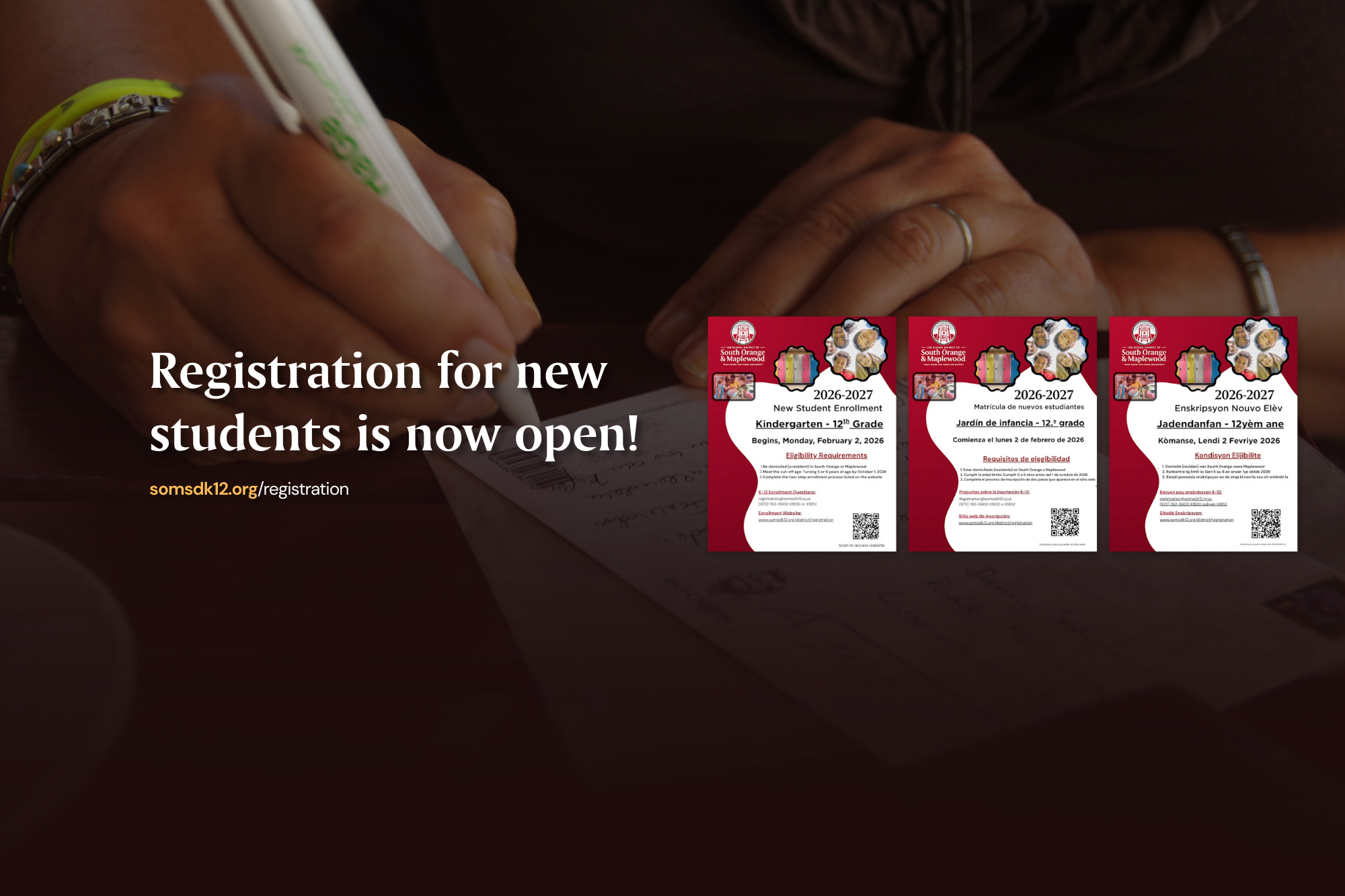The image shows a person's hands holding several student ID cards or registration forms against a dark background, with a message indicating that registration for new students is now open.