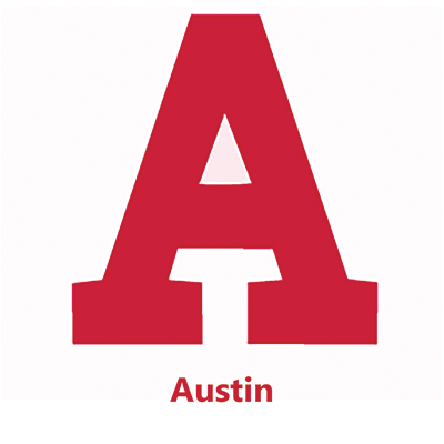 The image shows a large red letter "A" with the word "Austin" written below it.