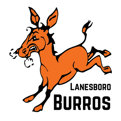 The image depicts an orange cartoon-style donkey or burro mascot with large ears and a mischievous expression, set against a plain white background. The text "LANESBORO BURROS" is displayed below the mascot.