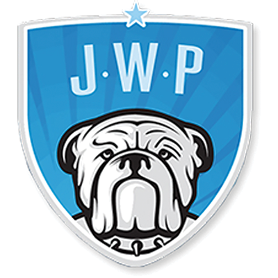The image depicts a shield-shaped logo with the letters "J.W.P." prominently displayed. The logo features the head of a bulldog in the center, with a blue background and a star at the top.