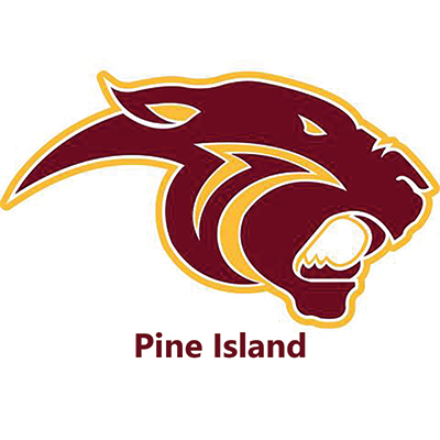 The image depicts the logo of Pine Island, featuring a fierce-looking panther head with sharp teeth and a bold, red and yellow color scheme.