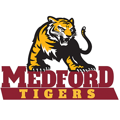 The image depicts a fierce-looking tiger logo with the text "Medford Tigers" below it, set against a maroon background.