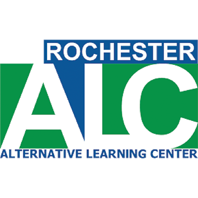 The image displays the logo for the Rochester Alternative Learning Center, featuring the text "ROCHESTER ALC ALTERNATIVE LEARNING CENTER" against a background of blue and green colors.