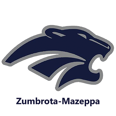 The image depicts a stylized panther head logo in navy blue and gray colors, with the text "Zumbrota-Mazeppa" written below it.