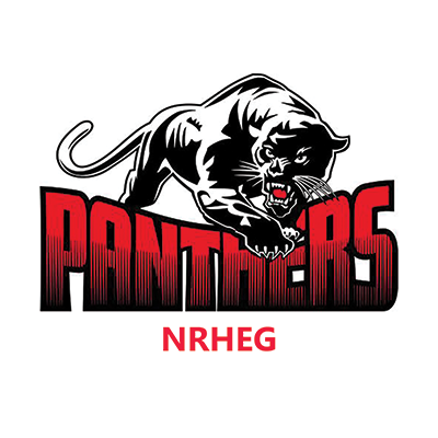 A fierce black panther with glowing red eyes and sharp teeth is the central focus of the image, set against a bold red and black "Panthers" logo.