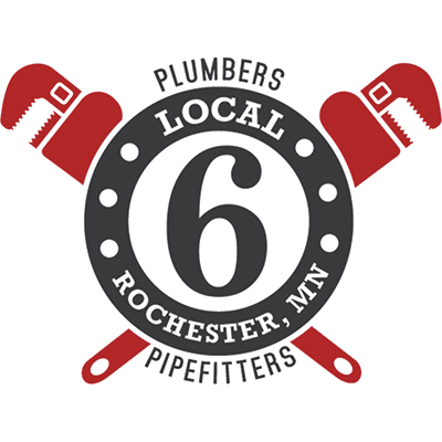 The image depicts the logo for Plumbers Local 6, a union of plumbers and pipefitters in Rochester, Minnesota. The logo features a large number "6" surrounded by crossed wrenches and the text "Plumbers Local 6 Rochester, MN Pipefitters".