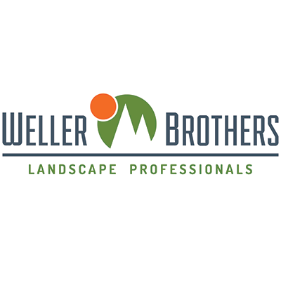The image displays the logo for Weller Brothers, a landscape professional company, featuring an orange sun and green mountain-like shapes against a gray background.