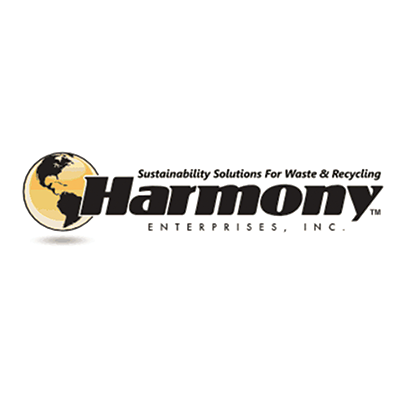 The image displays the logo of Harmony Enterprises, Inc., a company that provides sustainability solutions for waste and recycling. The logo features a globe-like symbol with the company name and tagline "Sustainability Solutions For Waste &amp; Recycling" prominently displayed.