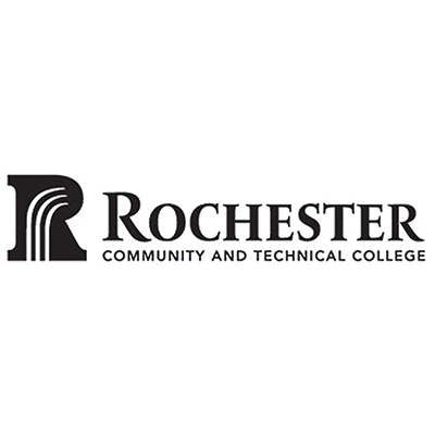 The image displays the logo for Rochester Community and Technical College, featuring the college's name and a stylized letter "R" in black against a white background.