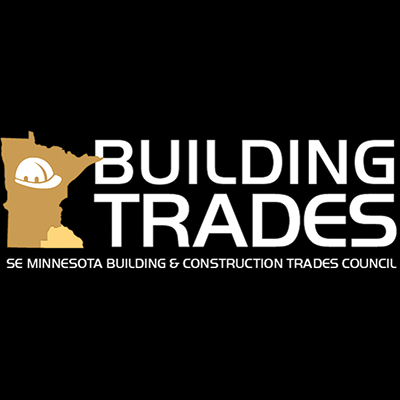 The image displays the logo of the SE Minnesota Building &amp; Construction Trades Council, featuring the text "BUILDING TRADES" against a black background with a silhouette of the state of Minnesota.