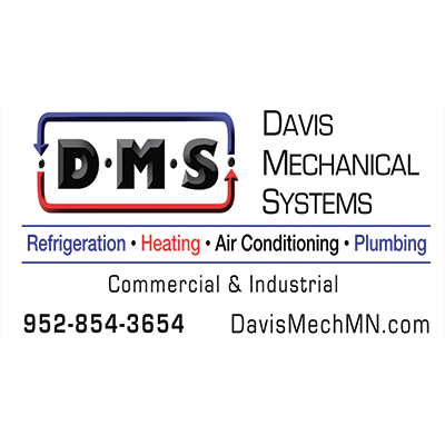The image shows the logo and contact information for Davis Mechanical Systems, a company that provides refrigeration, heating, air conditioning, and plumbing services for commercial and industrial clients.
