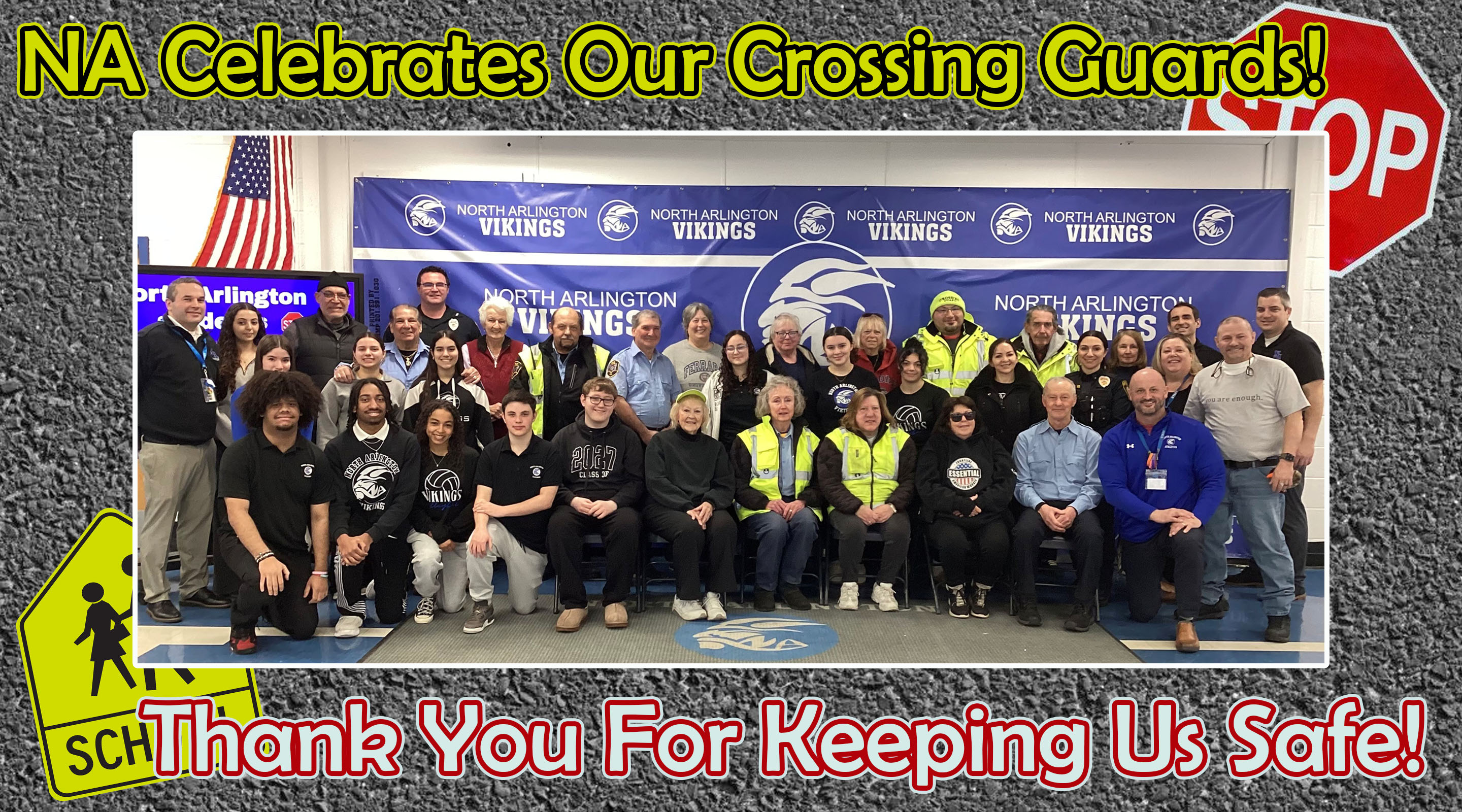 A group of crossing guards and students pose for a photo in front of a school banner, with road signs and a textured background.