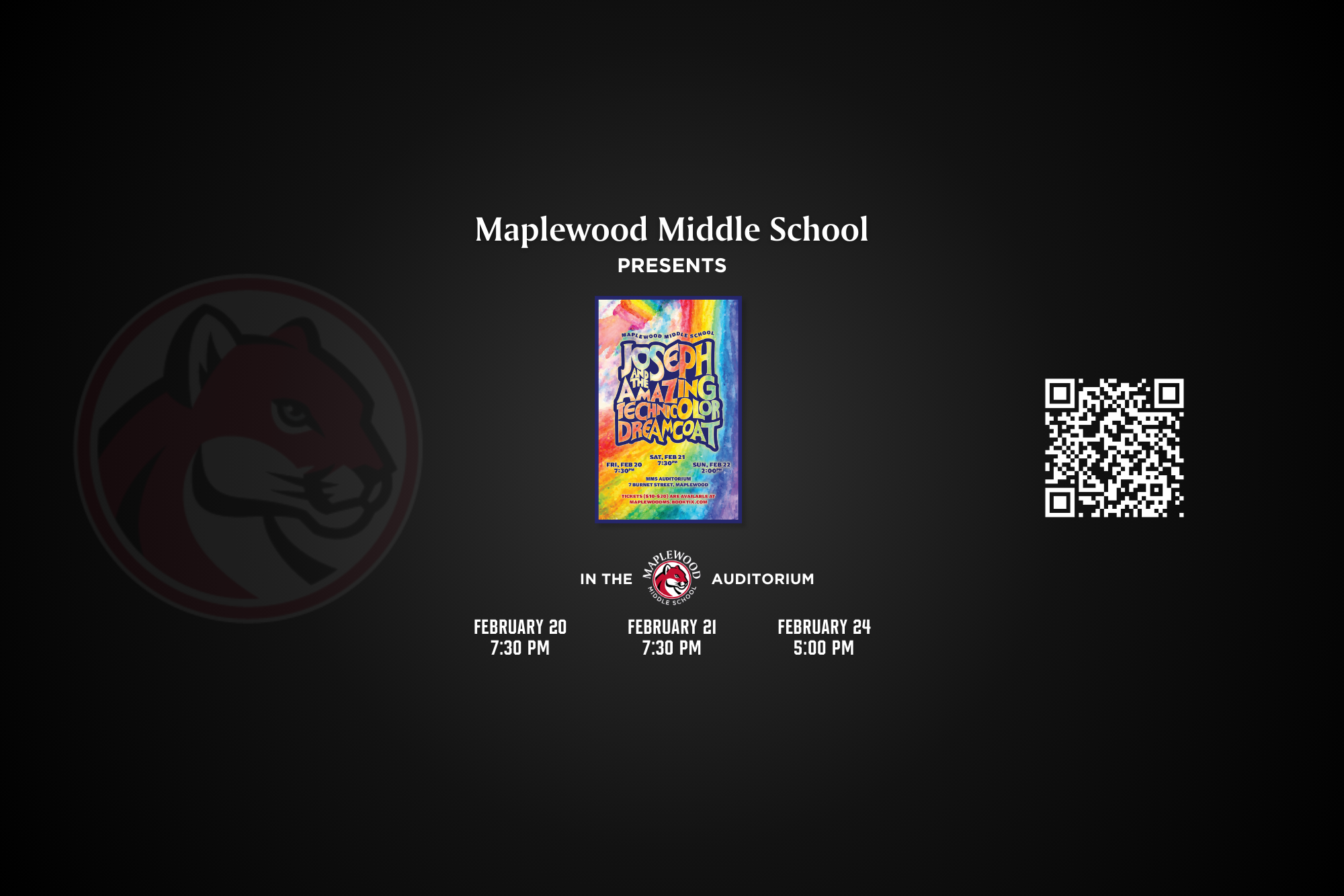 The image displays a poster for a presentation at Maplewood Middle School, featuring a colorful abstract design and a QR code, with event details listed below.