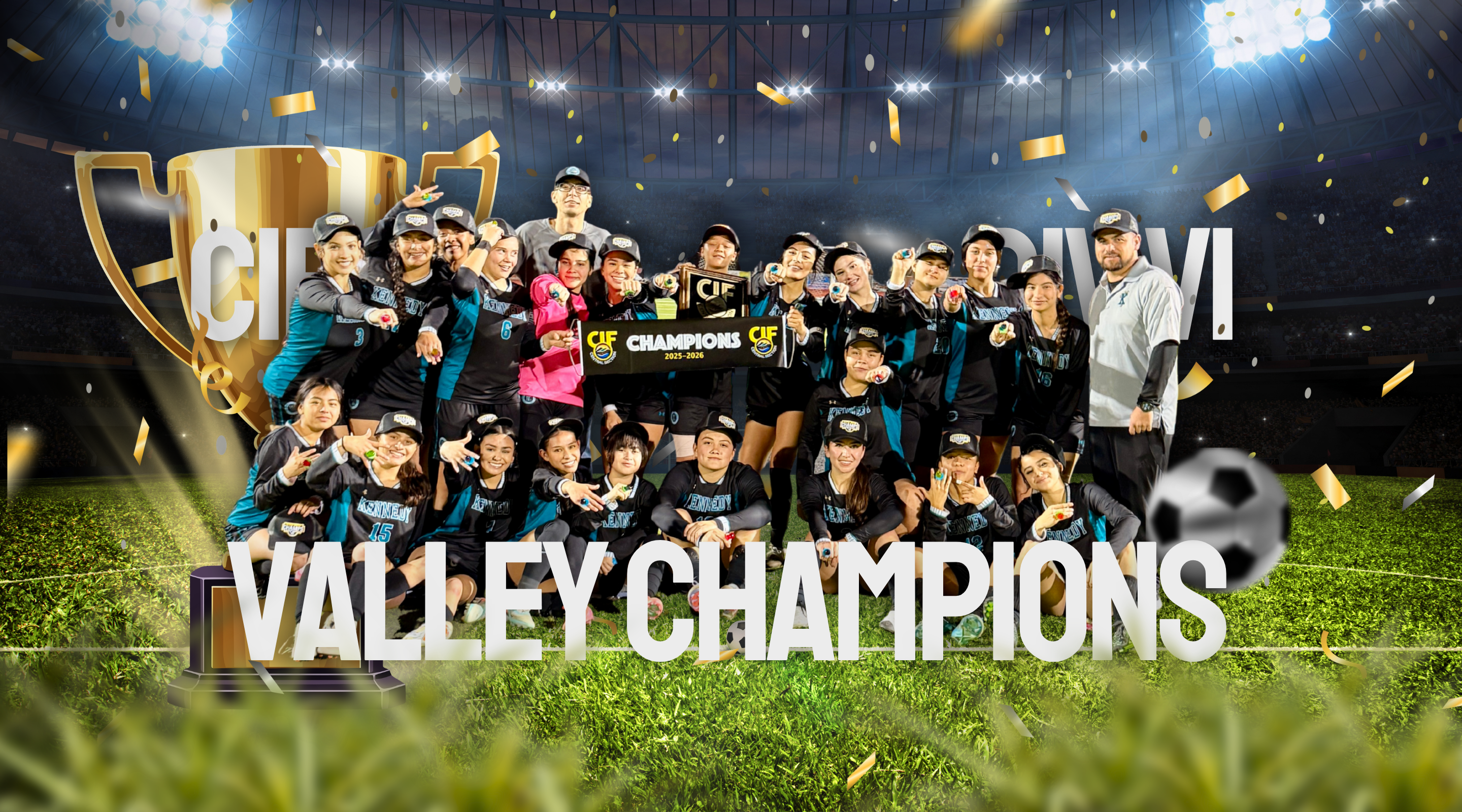 A group of people, likely a sports team, celebrating their victory as "Valley Champions" on a field with a large trophy and confetti in the background.