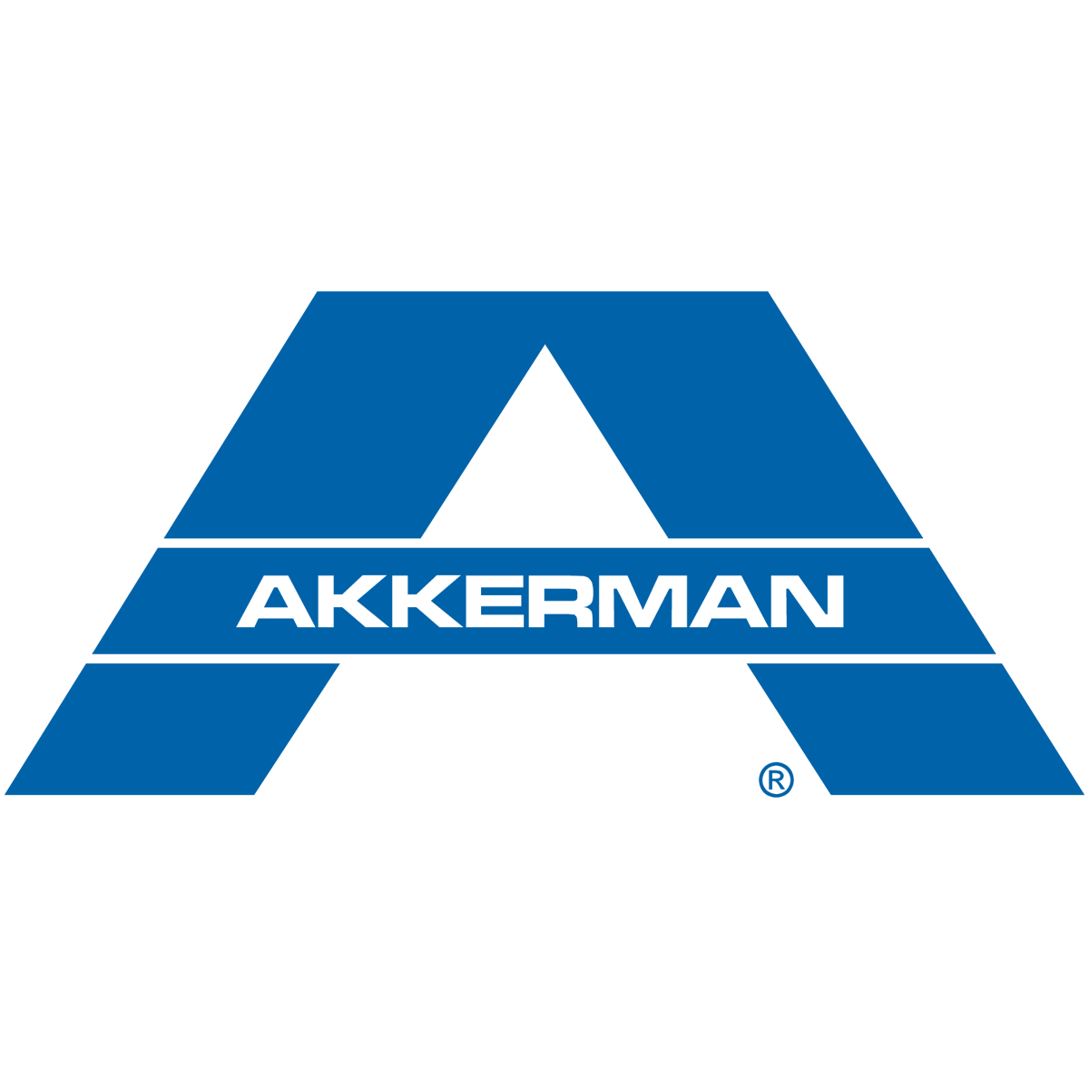 The image depicts the Akkerman logo, which consists of a large blue letter "A" with the word "AKKERMAN" written below it on a blue background.