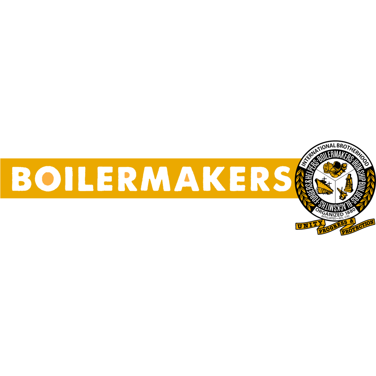 The image displays the text "BOILERMAKERS" in large white letters against a yellow background, along with the logo of the International Brotherhood of Boilermakers, Iron Ship Builders, Blacksmiths, Forgers and Helpers union.