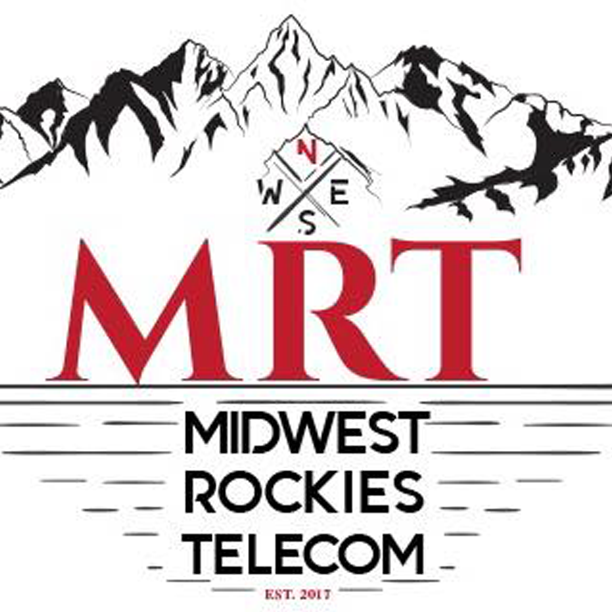 The image depicts a logo for "Midwest Rockies Telecom" featuring a compass rose and silhouetted mountain peaks in the background.