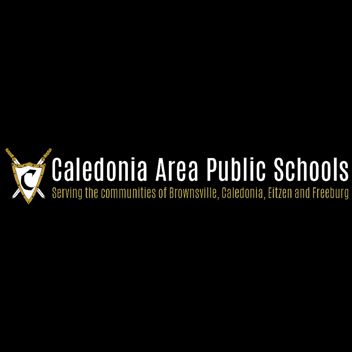 The image displays the logo for Caledonia Area Public Schools, which serves the communities of Brownsville, Caledonia, Eitzen, and Freeburg. The logo features a shield-like emblem with a stylized "C" and the school district's name prominently displayed.