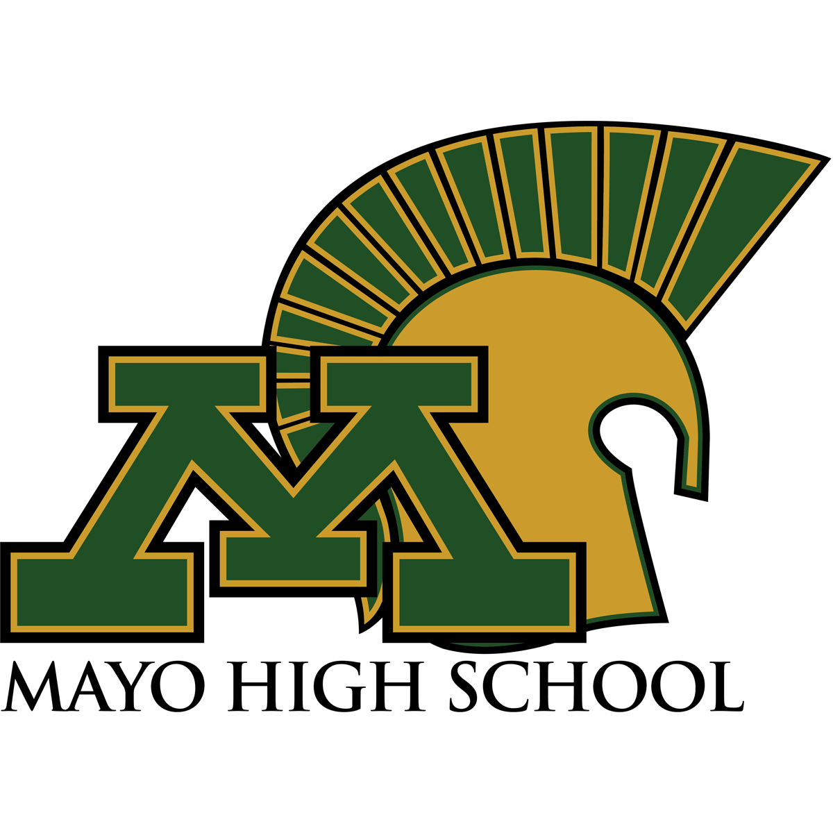 The image depicts the logo for Mayo High School, featuring a green and gold Spartan helmet design with the school's name prominently displayed.